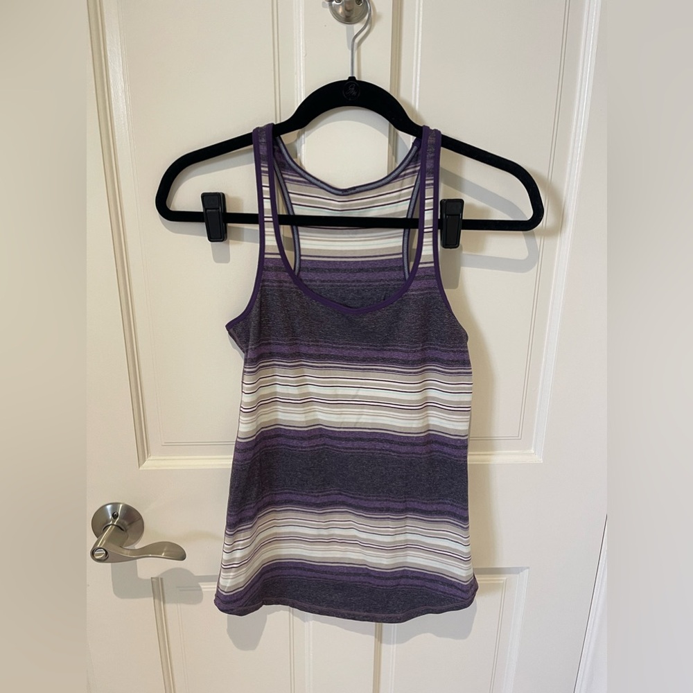 Lululemon workout top purple and white strip size 6